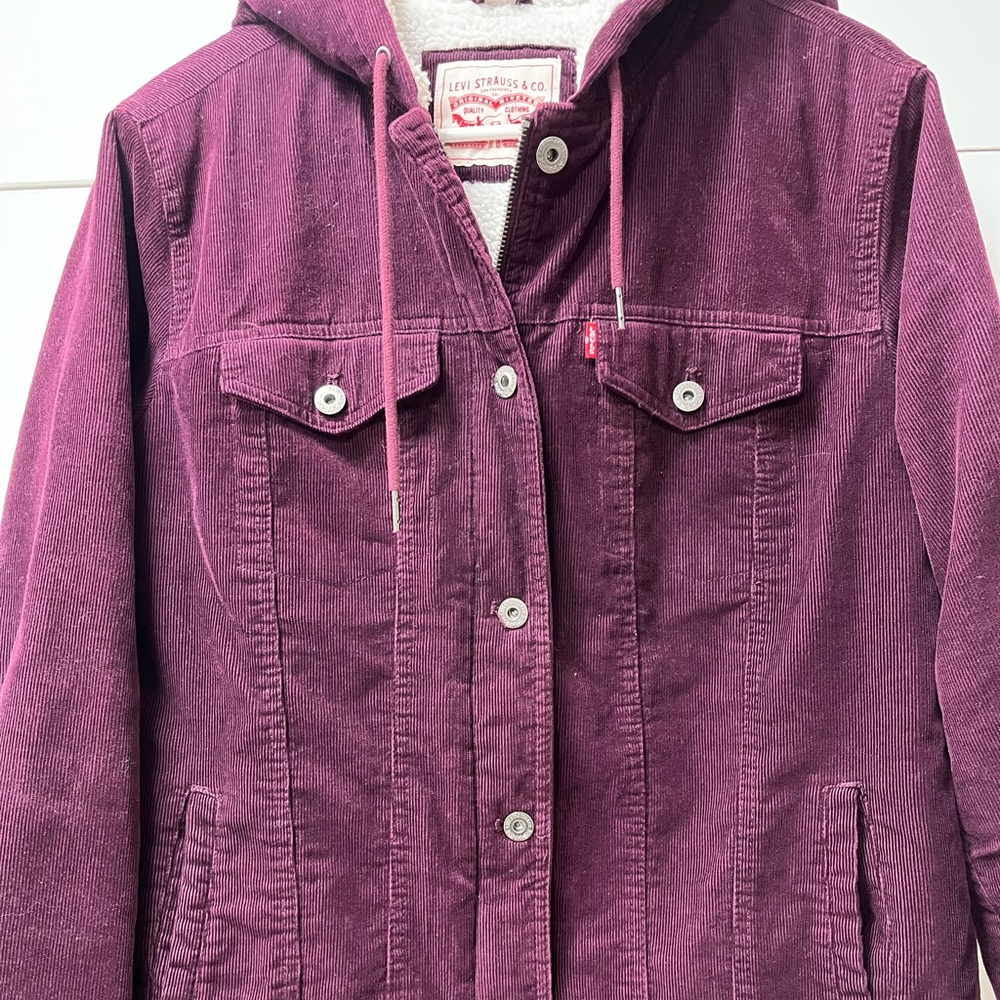 Levi Strauss plum purple sherpa fleece inside corduroy trucker jacket M - Picture 4 of 14